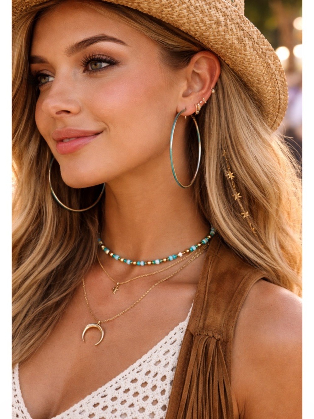 New Brass Turquoise Large Hoop Earrings Boho Festival Summer Vacation